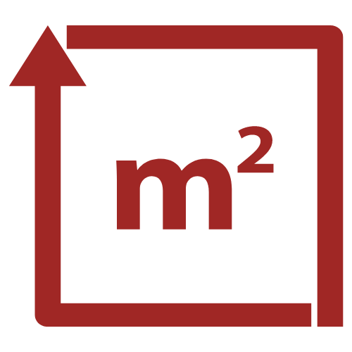 Rotes Symbol eines Quadrats mit einem nach oben zeigenden Pfeil und der Beschriftung 'm²' in der Mitte, das Quadratmeter darstellt.