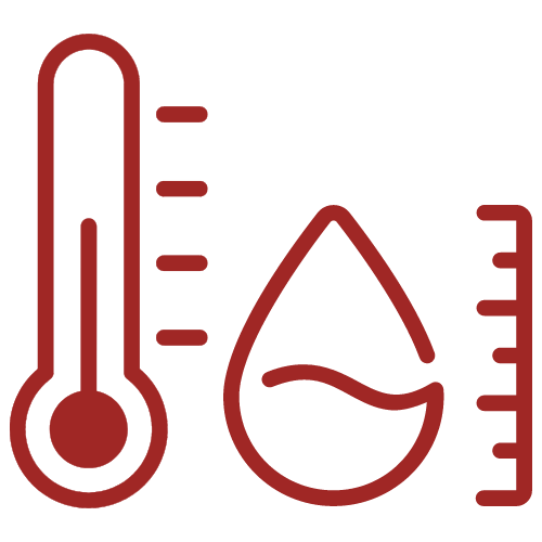 Rotes Symbol eines Thermometers und eines Tropfens mit Messskalen, das Temperatur- und Feuchtigkeitsmessung darstellt.