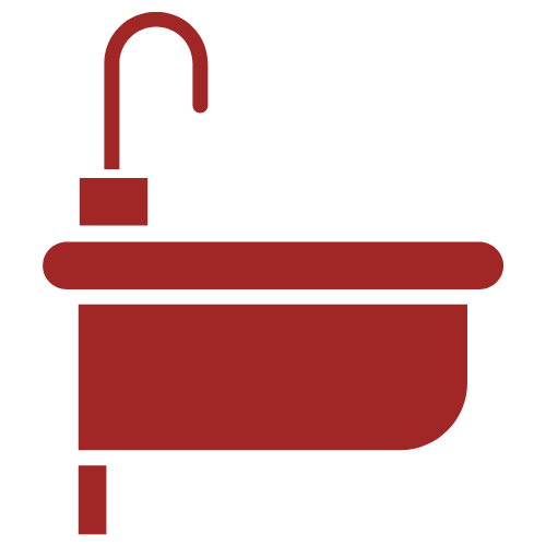 Rotes Symbol einer Badewanne mit einem Wasserhahn, das eine Badezimmersituation darstellt.